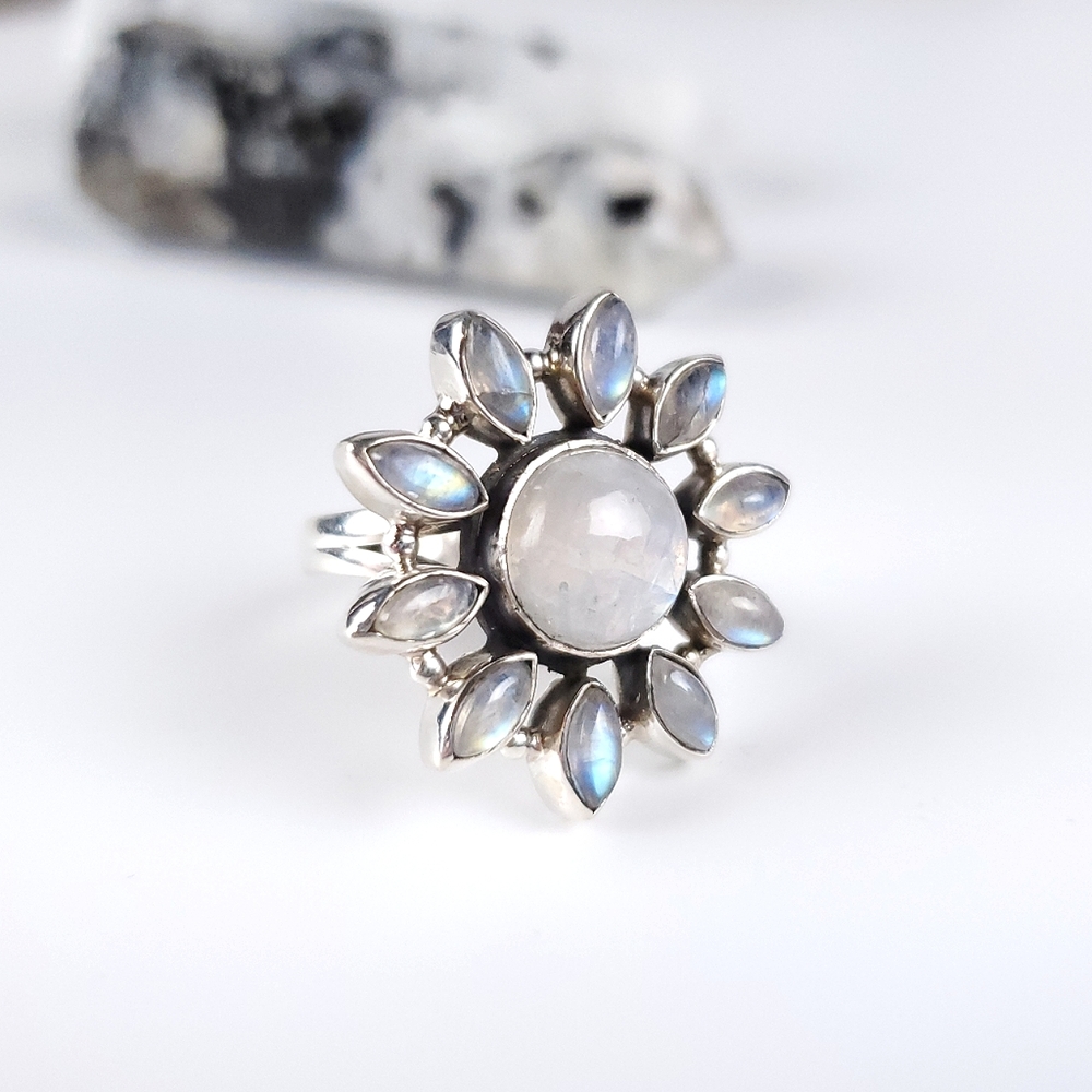 925 Sterling Silver Flower Starburst Rainbow Moonstone Ring New Size 7.75 - Picture 9 of 16